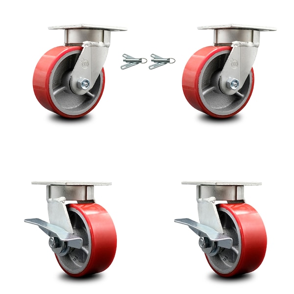 Service Caster 5 Inch Kingpinless Red Poly on Steel Wheel Caster Swivel Locks 2 Brakes, 2PK SCC-KP30S520-PUR-RS-BSL-2-SLB-2 - main